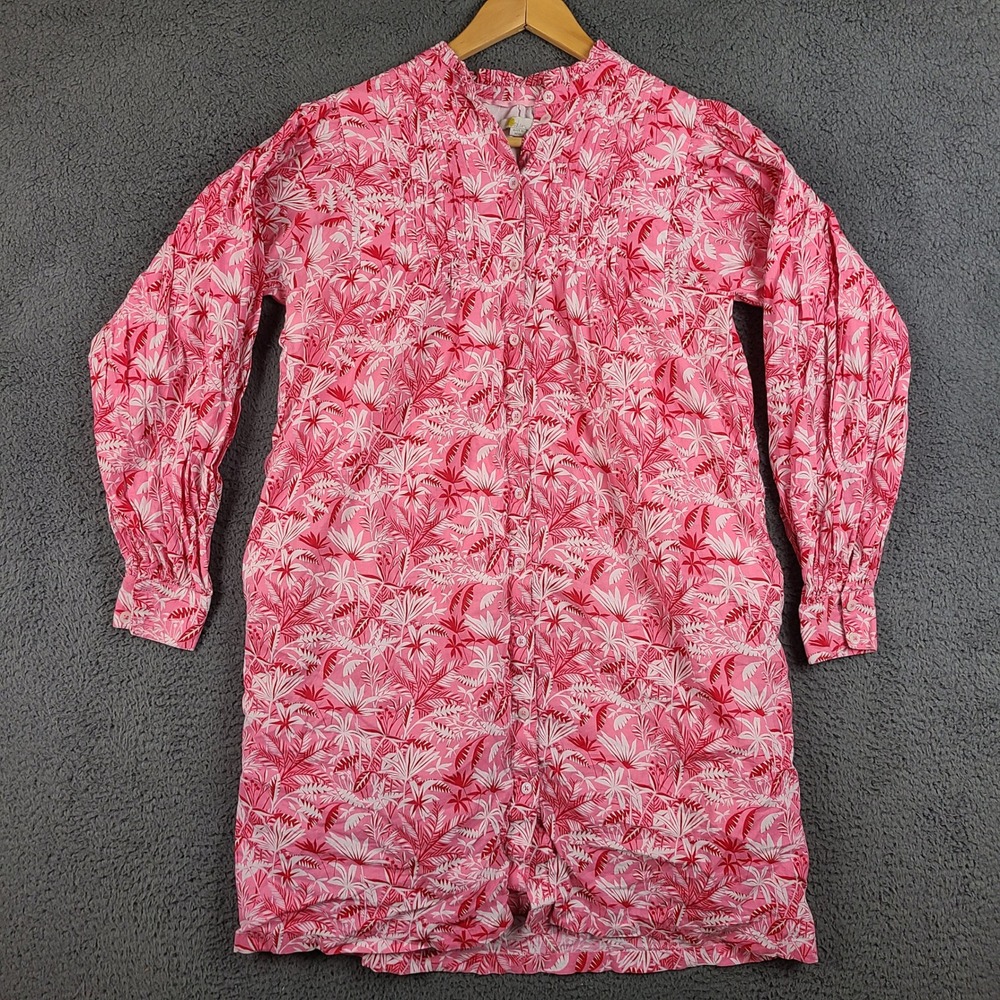 Boden Pink Tropical Palm Print Cotton Shirt Dress Pintuck Ruffle Mini Antonia
